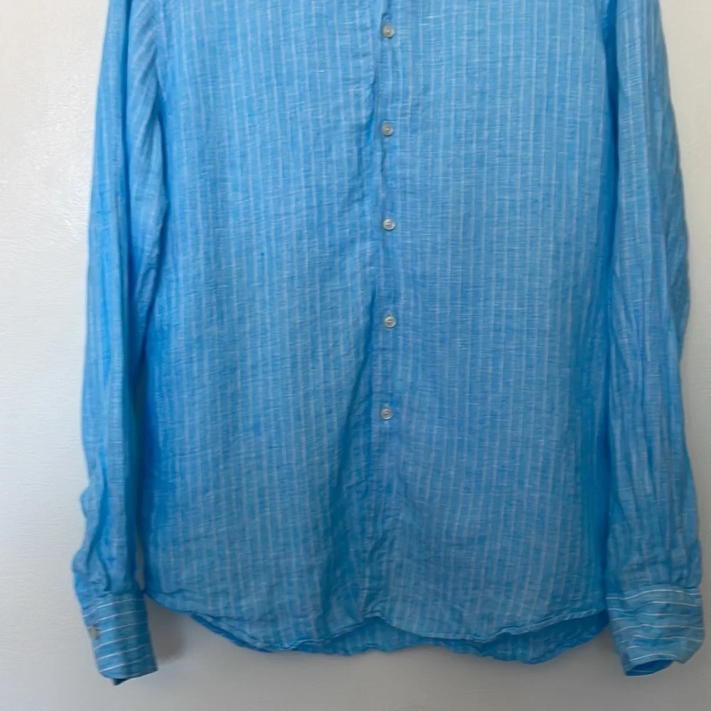 XACUS | 100% Linen Made in Italy Blue Stripe Button Down Resort Shirt 15 3/4 40 - Picture 3 of 9